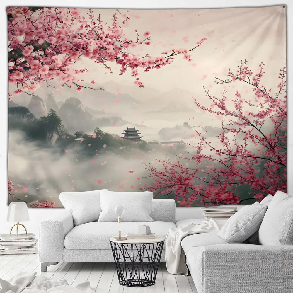Cherry Blossom Mountain Wall Tapestry Japanese Art Print Boho Decor For Bedroom Living Room Zen Theme Home Interior Hanging