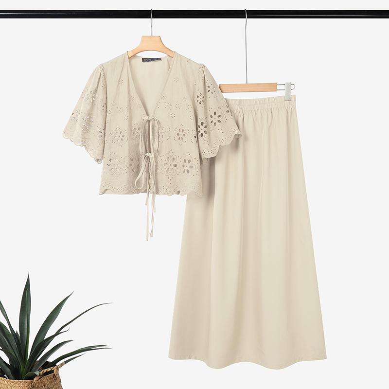 

ZANZEA Женский комплект из двух предметов: блузка с коротким рукавом и вязаная крючком юбка, летний 5XL абрикосовый