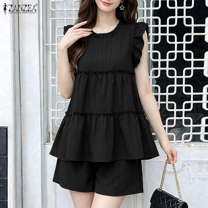 ZANZEA Women Short Sleeve Blouse and Shorts Summer Two Piece Suit Sets