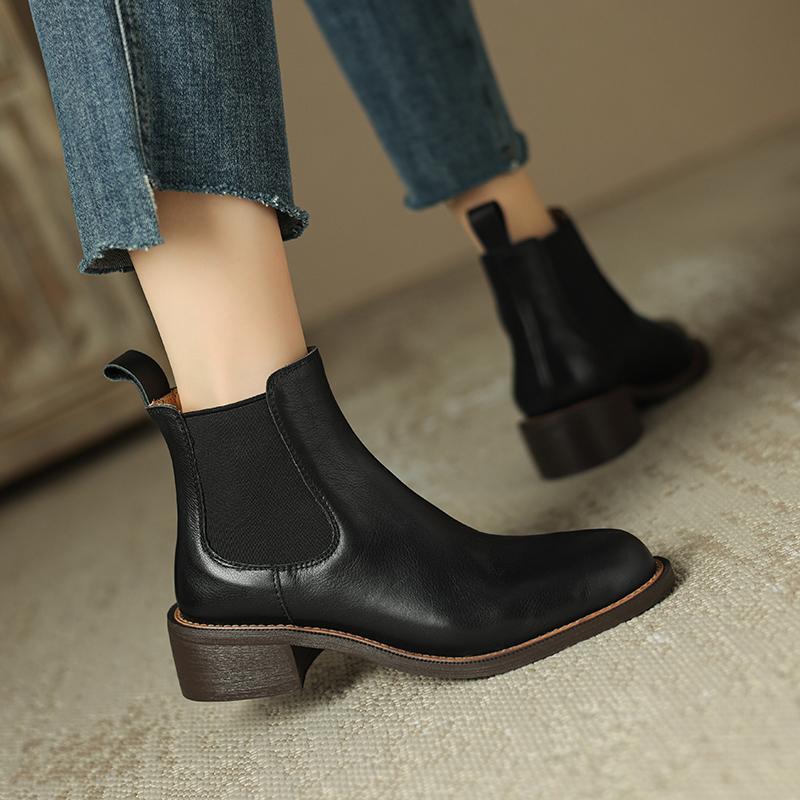 Krazing Pot Cow Skin Autumn Winter Shoes Concise Thick Heels Size 43 Size 42 Chelsea Boots Round Toe Slip on Retro Ankle Boots