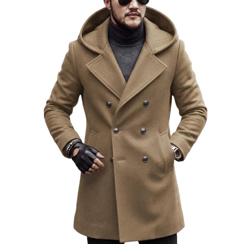 Mens Mid-length Wool Blend Coat Hooded Double Breasted European Fit Solid Color Fall Winter 2026