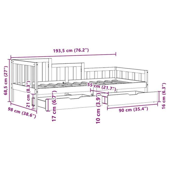 VidaXL Lit de jour et tiroirs sans matelas blanc 90x200 cm bois massif 3302106