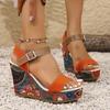 Large Size Wedge Heel High Heel Sandals Women's New Embroidered Word Buckle Open-toe Platform Sandals