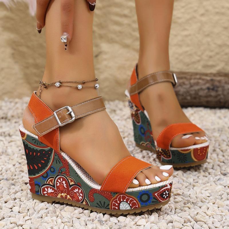 Large Size Wedge Heel High Heel Sandals Women's New Embroidered Word Buckle Open-toe Platform Sandals