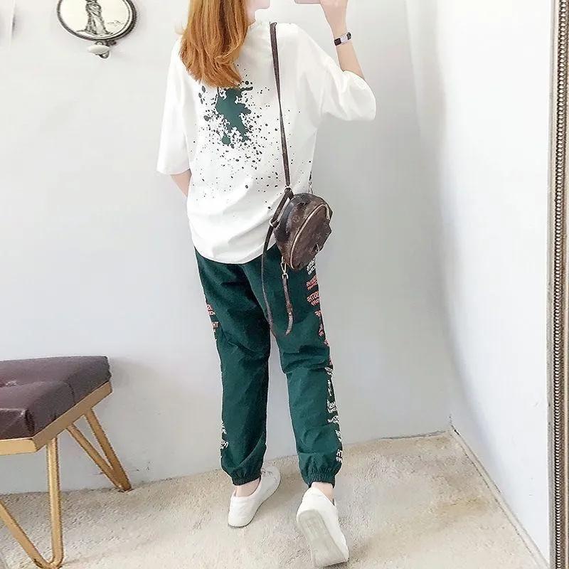 FiveFive Harem Pants Two Piece Suit Female Summer Student Wide Leg Pants Short Sleeve T-shirt Two-piece Suit
