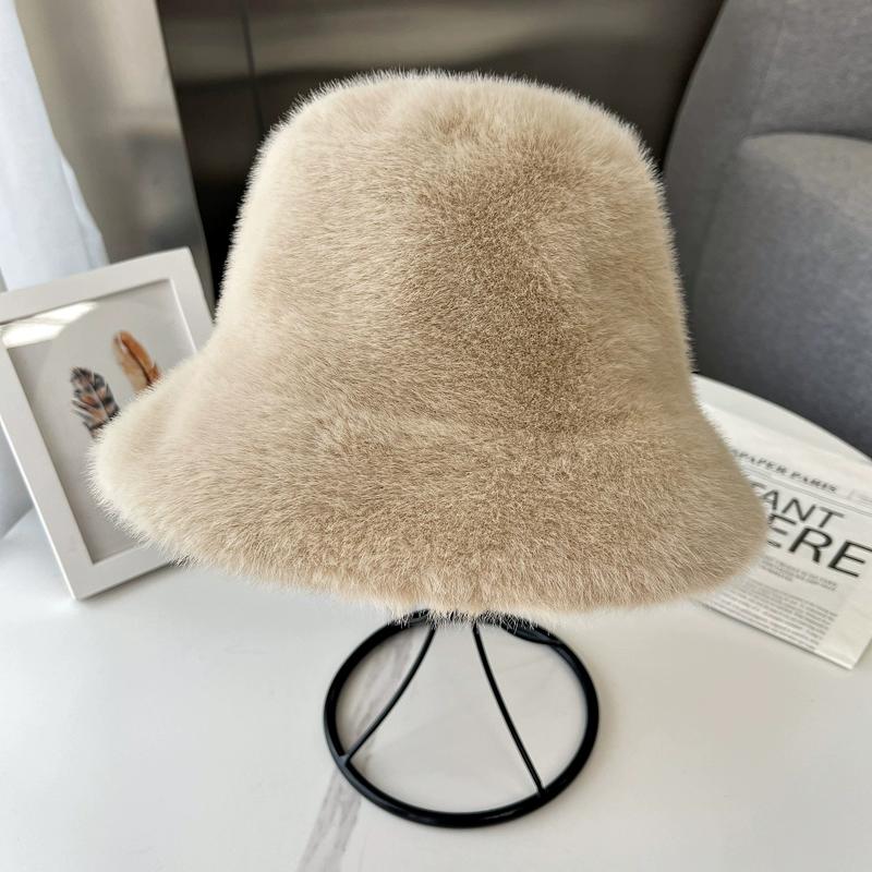 Nuevo Sombrero de Pescador de Felpa para Mujer Invierno Cálido Pelo de Visón Sintético Sombrero de Copa Moda Versátil Sombrero Cubo Muestra Cara Pequeña