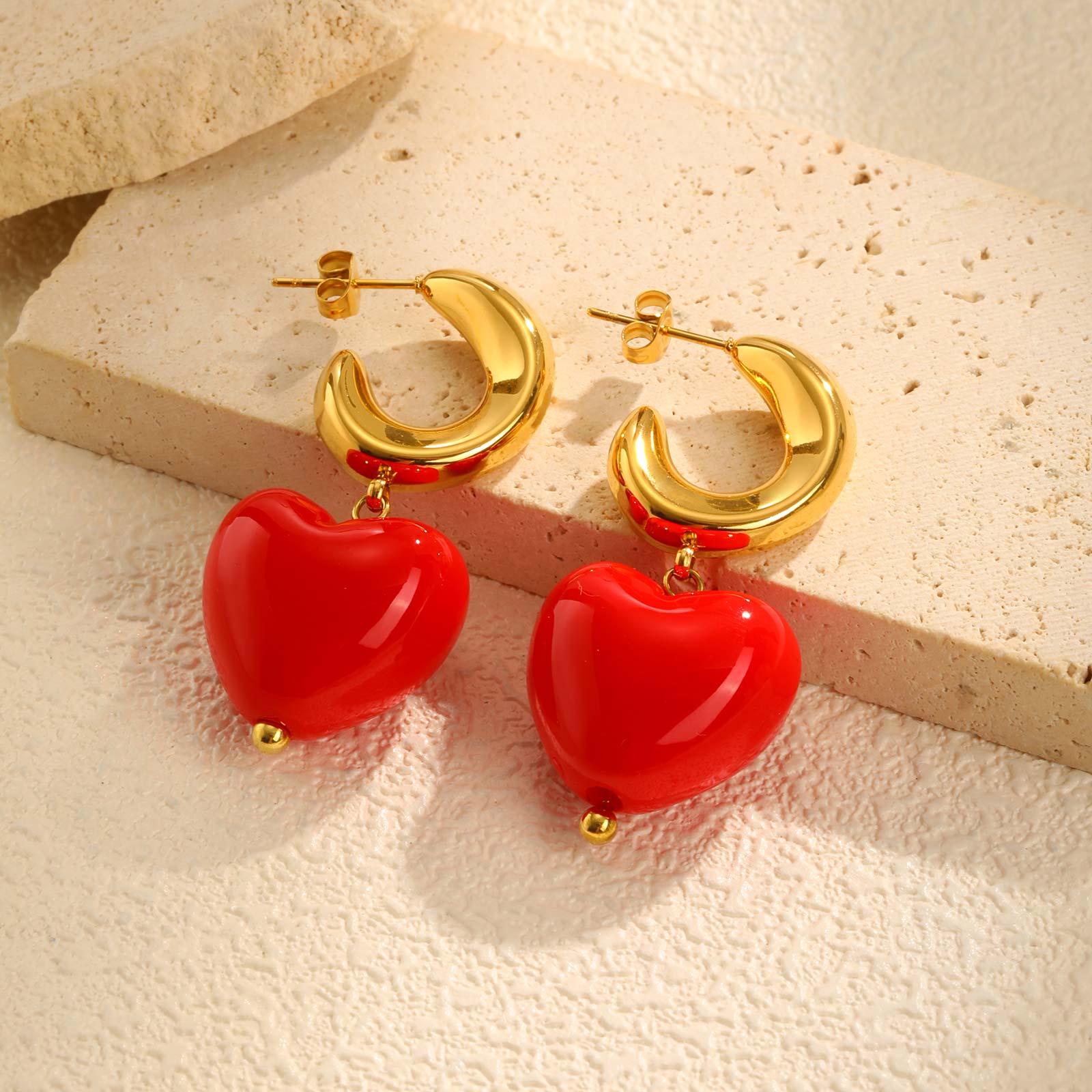 Trendy Geometric Acrylic Red Love Heart Drop Earrings for Women, Stainless Steel Personality Large Earrings Vintage Jewelry Gift