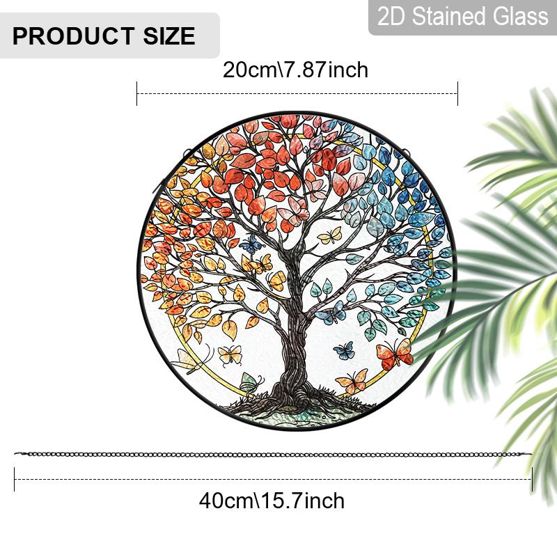 2D Flat Stained Glass Tree of Life Window Decoration, 6.3/7.87inches Colored Glass Plate with Chain, Charming Indoor/Outdoor Sun Catcher Home Garden