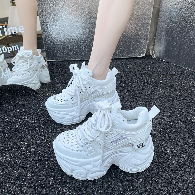 

9CM Summer Dad Shoes Women s Thick Bottom Breathable Mesh Sports Casual Heightening White Sneakers Fashionable Flat Laced Shoes 34