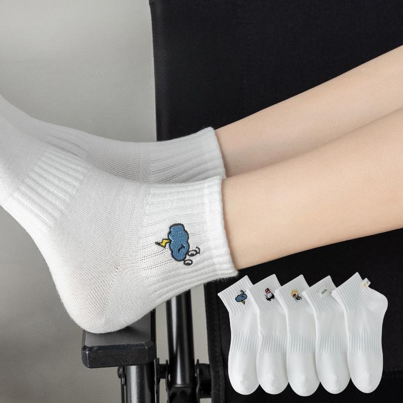 Solid Color Cotton Sports Socks for Women, Summer Thin Style for Women, Cartoon Embroidered Fabric Label Boneless White Short Socks