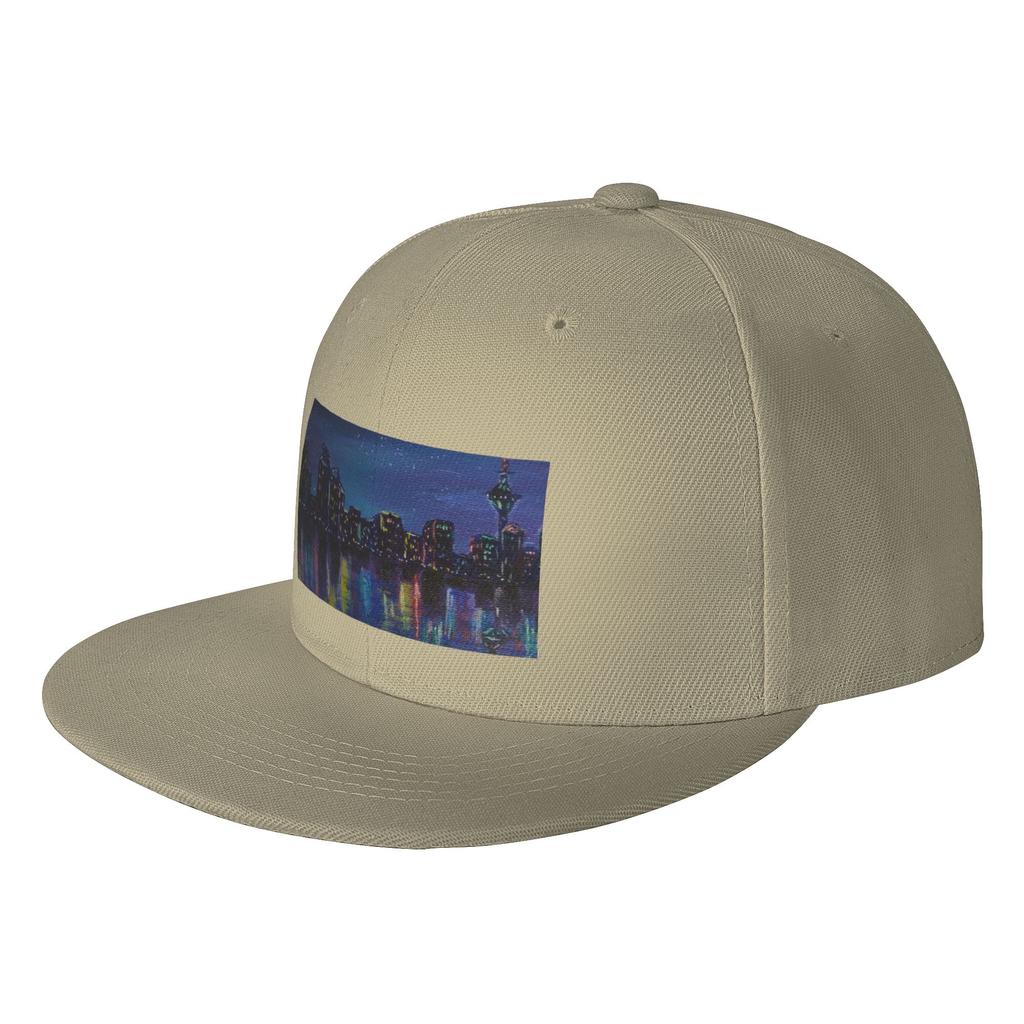 Fashion Colourful Cityscape at night reflecting on water acrylic painting Flat Brim Sun Hat Suitable For Square Faces Black Cap