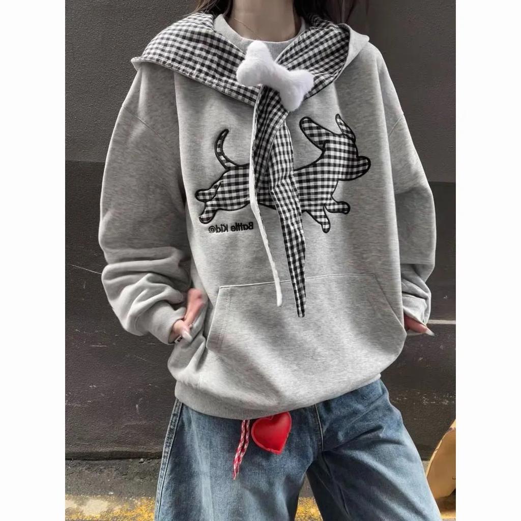American Embroidered Puppy Plaid Strap Hooded Thin Sweatshirt for Women Autumn Winter College Style