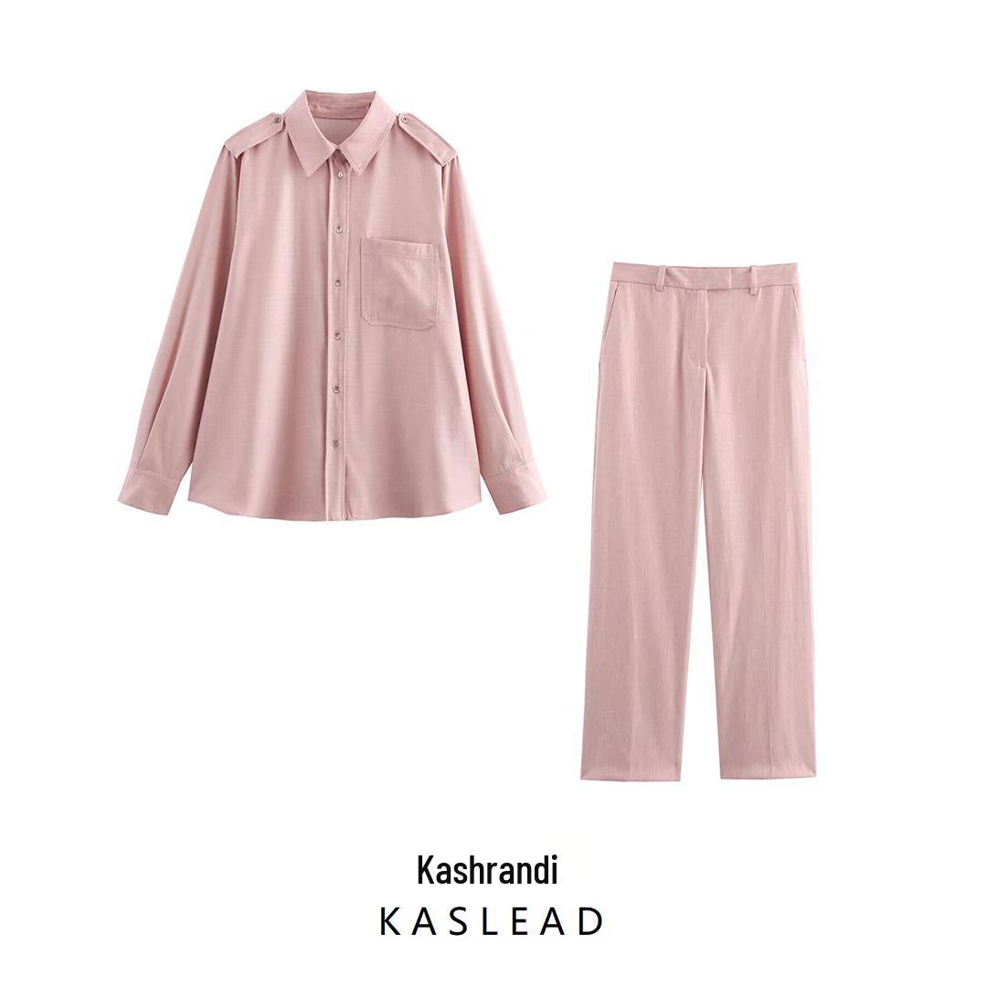 

2025 Spring Women s European & American Pocket Shirt with Casual Long Pants XS