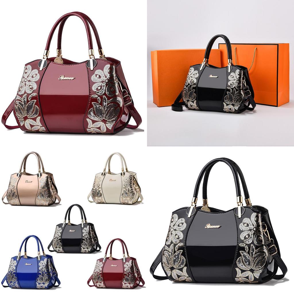 Stilvolle Damen-Boston-Tasche für mittlere Jahre, Große, Atmosphärische Damenhandtasche, Patentleder-Mama-Tasche, Handtasche mit großem Fassungsvermögen