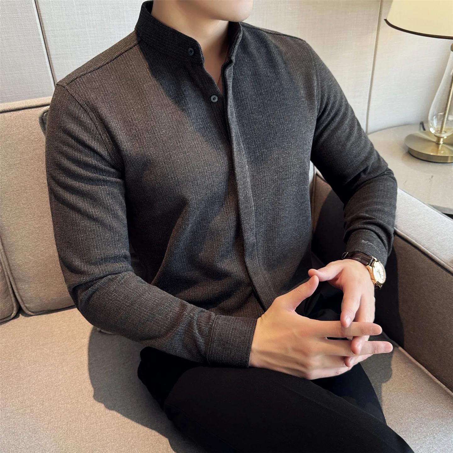 Осенняя Зимняя Мужская Высококачественная Плотная Рубашка Smart Casual Однотонная Теплая С Воротником-стойкой Длинный Рукав Модная Шерстяная Рубашка Мужская M темно серый