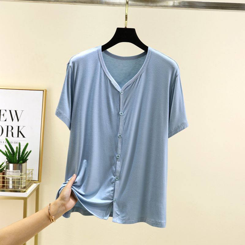 

Модальный кардиган с V-образным вырезом и коротким рукавом, женский летний тонкий кардиган на пуговицах, домашние топы, большой размер, свободный, повседневный, для улицы, короткое пальто Blue XL (55.00 kg-70.00 kg recommended