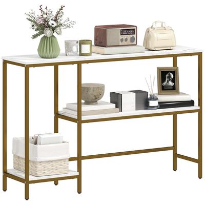 Console Unit 120 Cm, Console Table 3 Tiers with Storage Shelves, Imitation Marble Tops, White and Gold