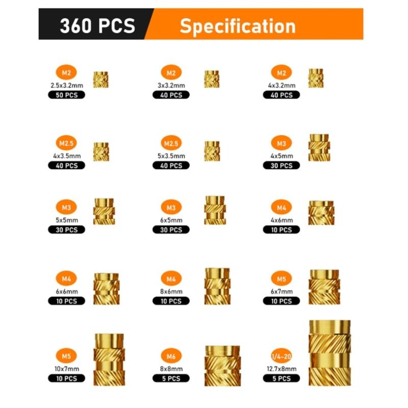 Pack of 335/360 Sturdy Brass Threaded Inserts M2toM6 Knurled Nut for Secure Fastening In Electronics and Plastics