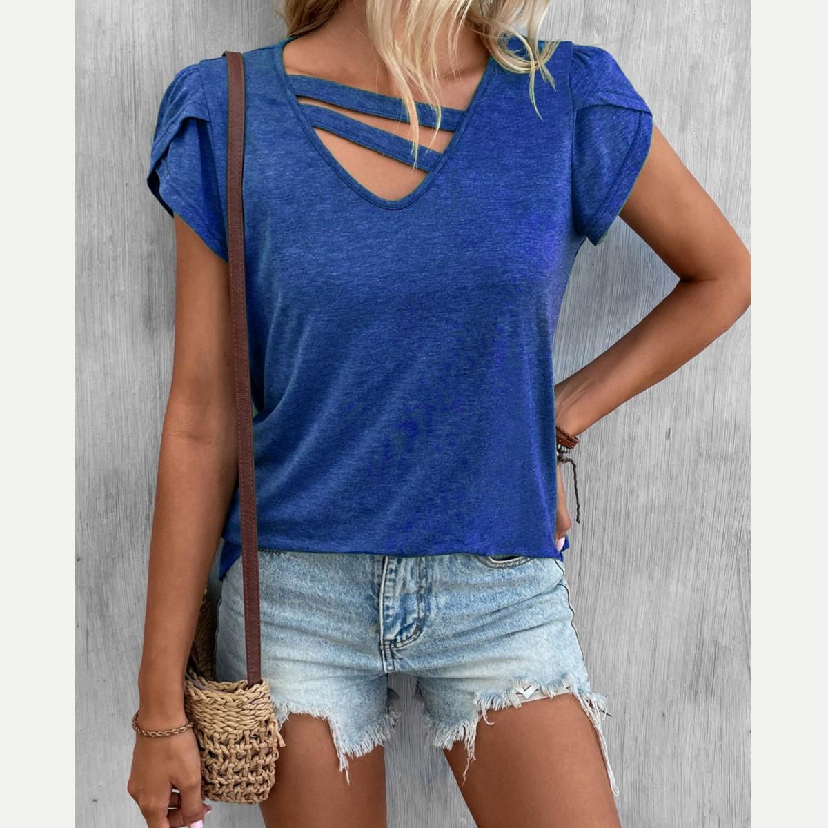 

Однотонные свободные топы с v-образным вырезом и рукавами-лепестками, свободные футболки, повседневные пуловеры, женские летние топы, модные блузки