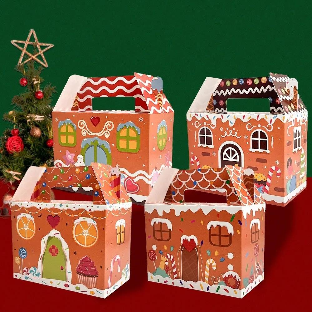12PCS With Handle Christmas Gift Box Gingerbread House Cartoon Design Merry Christmas Decoration Packaging Box Candy Cookies