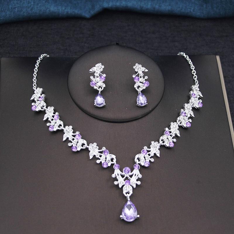 17 Colors Water Drop Purple Bridal Jewelry Sets for Women Party Prom Choker Necklace Earrings Bride Wedding Costume Accessories