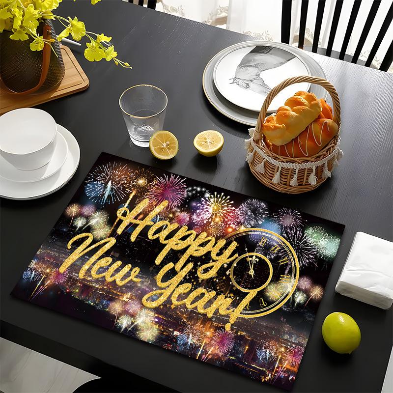 Frohes Neues Jahr Tischsets Baum Muster Tischsets Hitzebeständige Leinen Tischsets für Esszimmer- und Küchendekoration für Feiertagsmahlzeiten, Zusammenkünfte, Partytisch