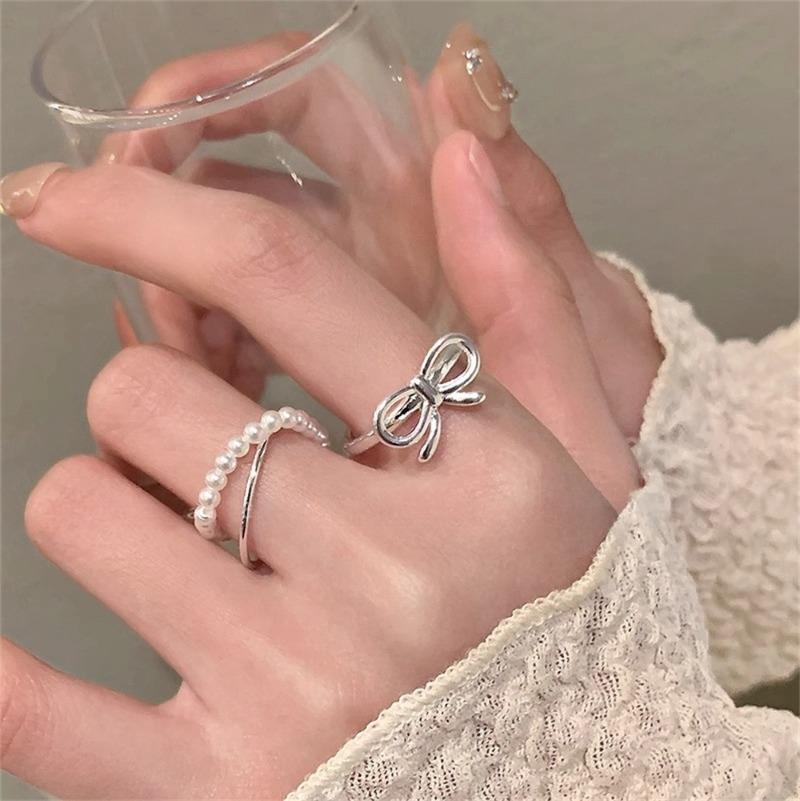 Korean Silver Color Pearl Bowknot Rings for Women Minimalist Elastic Bead Ring Wedding Aesthetic Jewelry