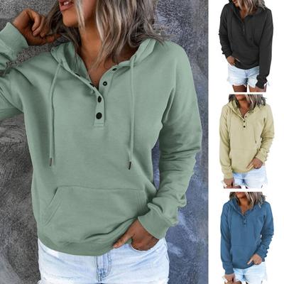 Women Fall Winter Hoodie Long Sleeve Loose Pullover Big Pocket Button Decor