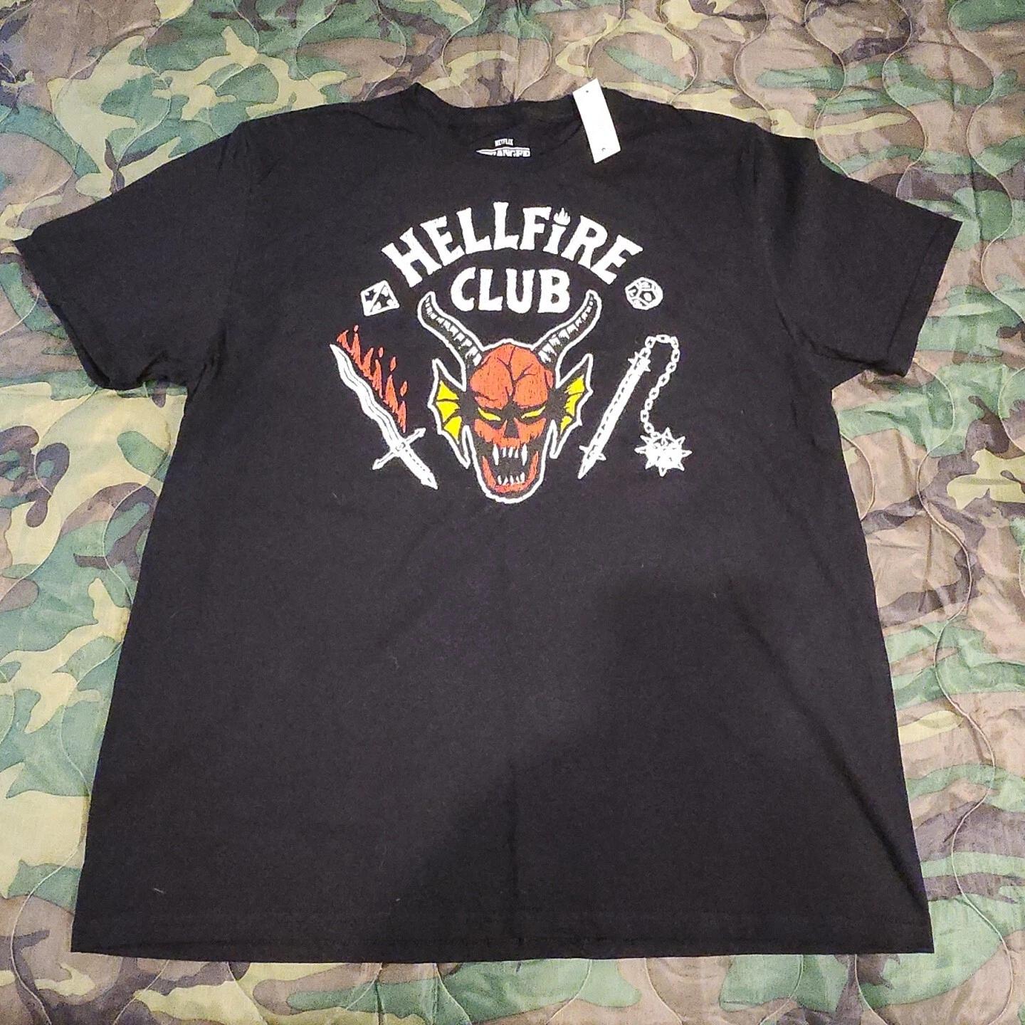 Netflix Stranger Things Hellfire Club Shirt 100% Cotton T-shirt Mens Tees Top Black Size XL L