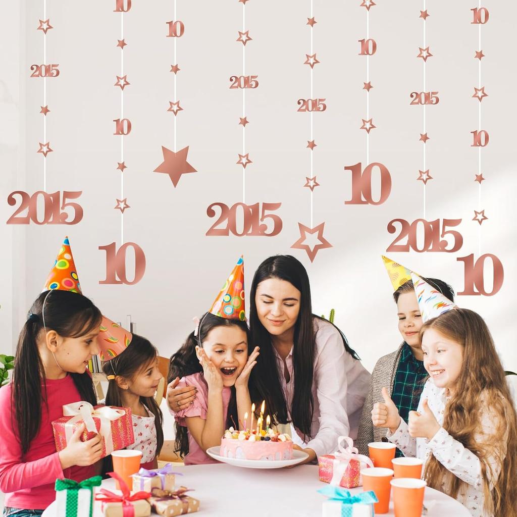Pink Rose Gold 10th Birthday Decorations for Girls, Pre-Strung Glitter Twinkle Number 2015 10 Years Old Hanging Streamer Banner Party Supplies, Pink
