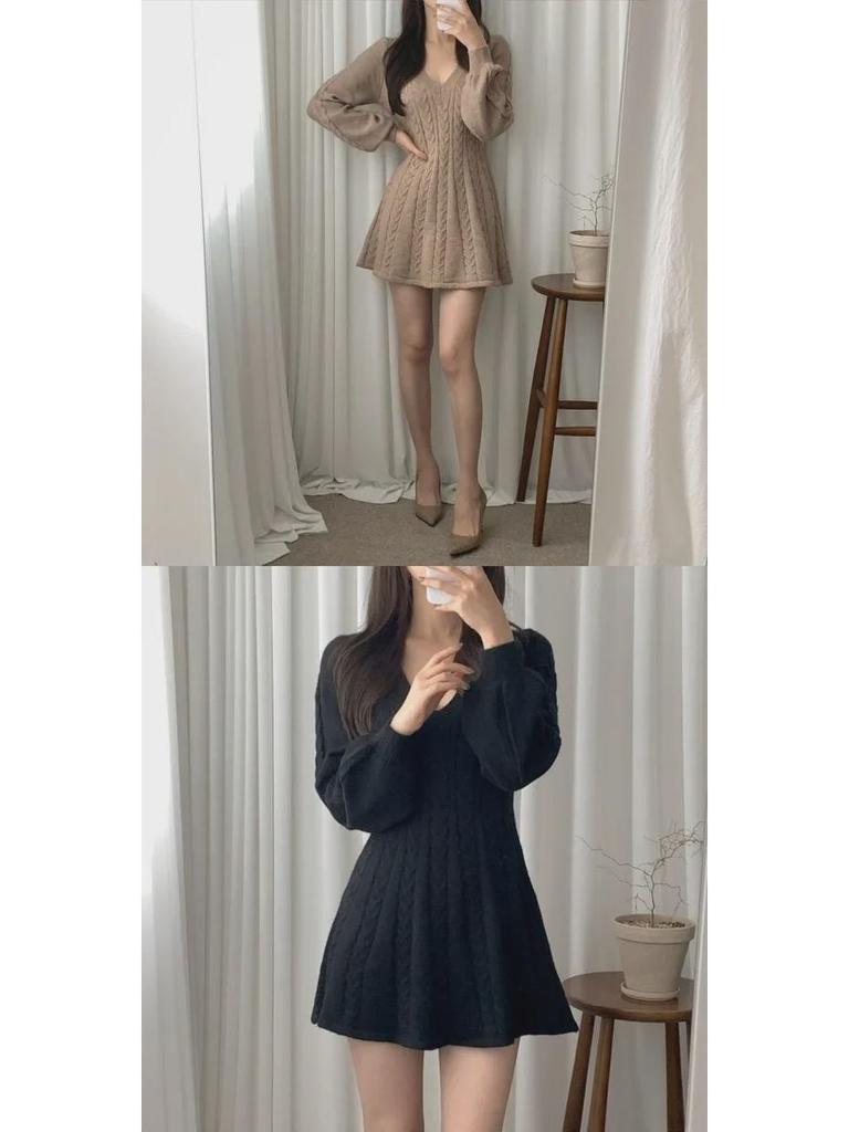 Korean Style Autumn/Winter 2024 Lantern Sleeve V-Neck Cinched Waist Knit Dress and Sweater Skirt