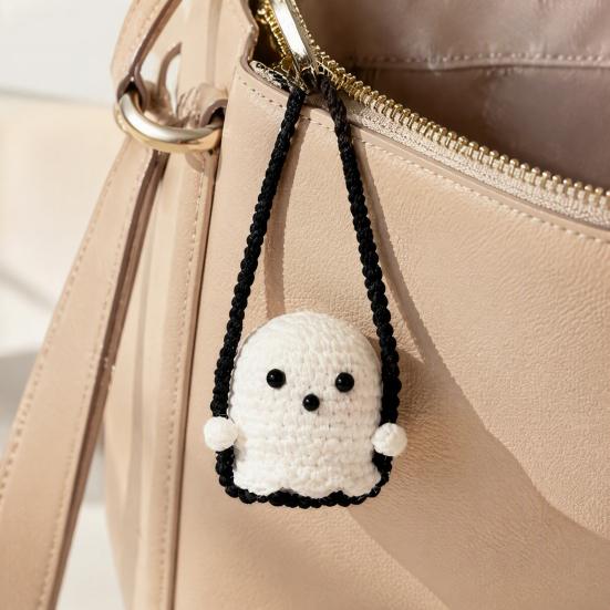 Hand Woven Woolen Ghost Decor Handmade Pumpkin Car Rear View Mirror Pendant, Cute Crochet Pendant Ornament Hanging for Halloween Auto Interior