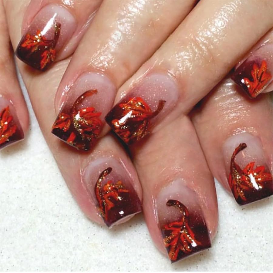 24Pcs Fall Maple Leaf Press on Nails Short Square Fake Nails Full Cover Glue on Nails Autumn Leaves Artificial Acrylic Nails Thanksgiving False Nails