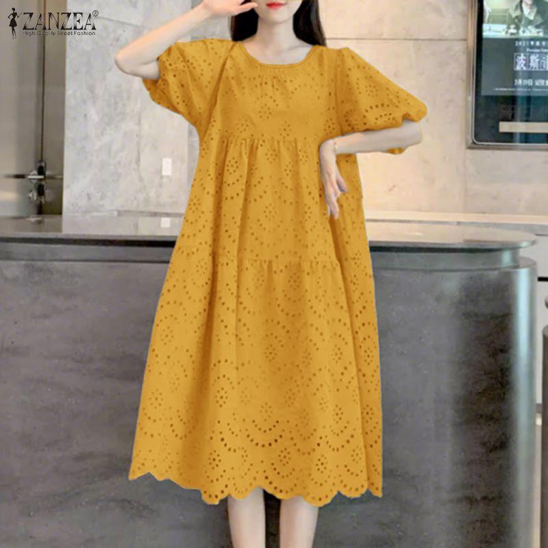 ZANZEA Women Casual Round Neck Lace Crochet Patchwork Summer Half Sleeve Dress