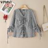 VONDA Women Summer V Neck Long Sleeve Drawstring Ruffled Plaid Casual Blouse