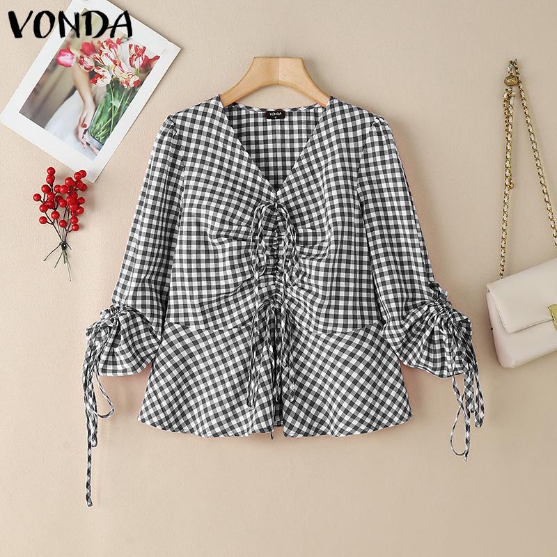 VONDA Women Summer V Neck Long Sleeve Drawstring Ruffled Plaid Casual Blouse