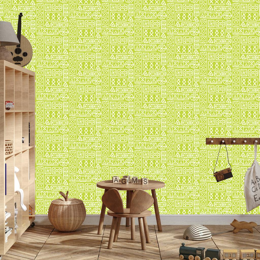 Polynesian Geometric Pattern Wallpaper Lime and Cream 50x1000