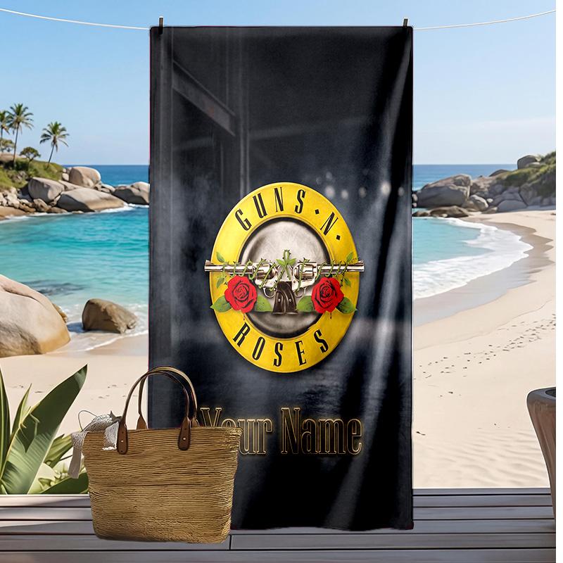 Asciugamano da Spiaggia Personalizzato Guns N’ Roses, Stampa il Tuo Nome Testo Asciugamano Leggero Assorbente per Nuoto Viaggio