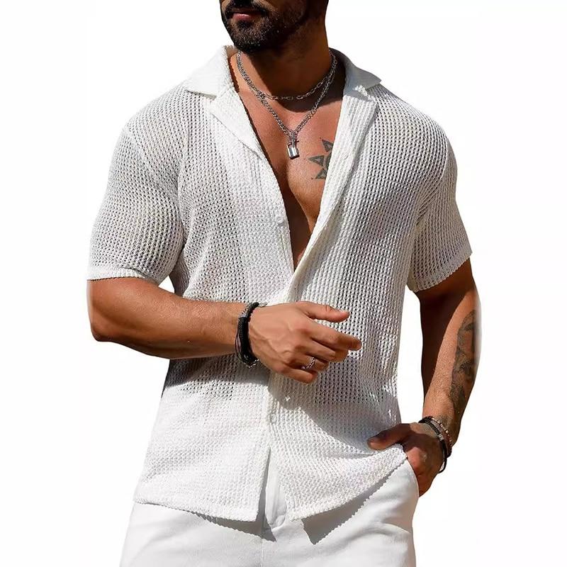 Modern Living Streetwear Mode Gebreide Kleding Heren Shirt Sexy See Through Gebreide Tops Heren Zomer Casual Knoop Revers Korte Mouw Hollow Out Shirt M wit