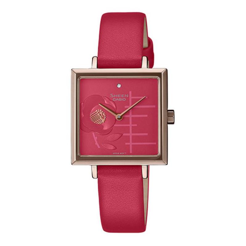 

Casio SHEEN Flower Theme Camellia Series Classic Square Business Quartz Movement Leather Strap Japanese and Korean Watch SHE-C141CGL-4AUPFH-person