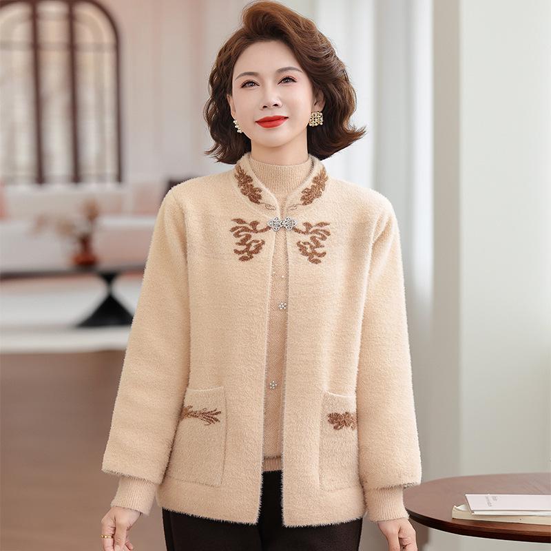 Women's Velvet Thick Coat with Half-high Collar, Winter Knit Two-piece Set for Middle-aged and Elderly Mothers