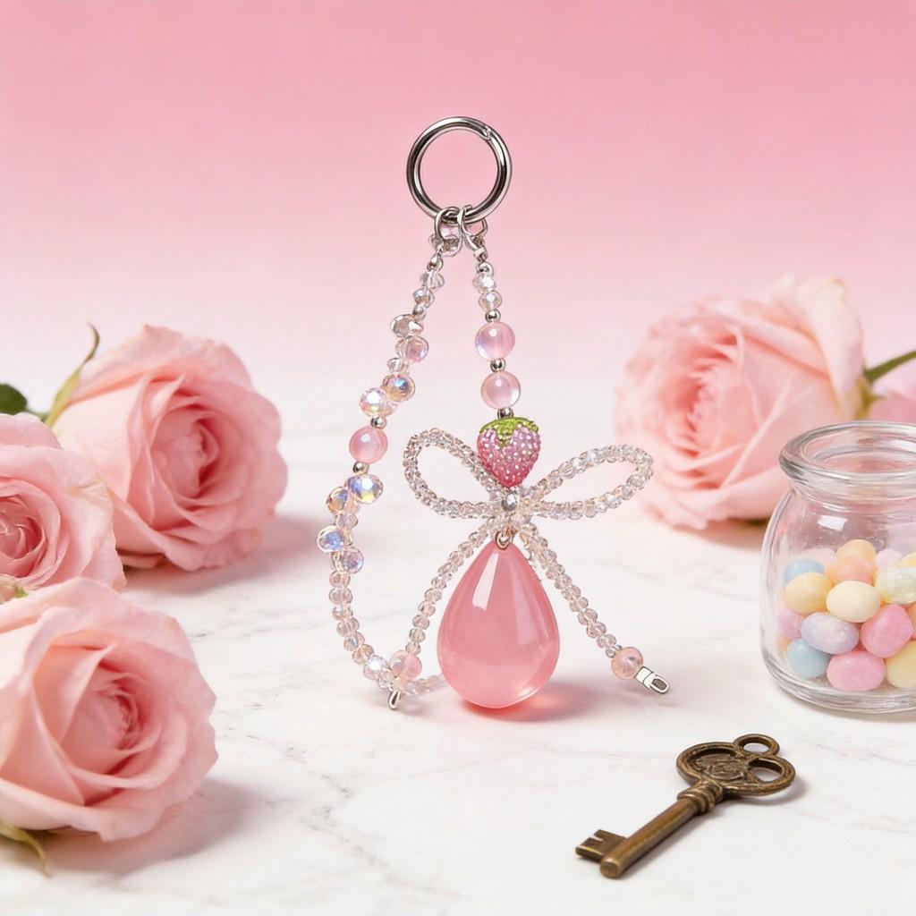 Cute Strawberry Phone Strap With Beads For Girls And Teens