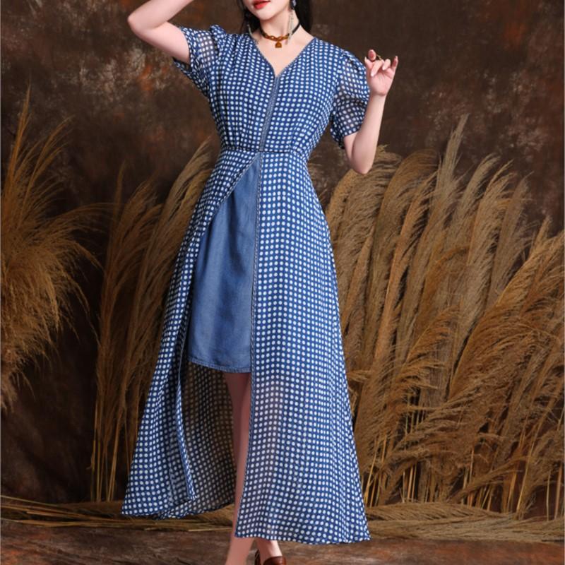 Johnature Summer Women Vintage Polka Dots Dress Fashion Splicing Cotton Short Sleeves V-Neck Casual Dress