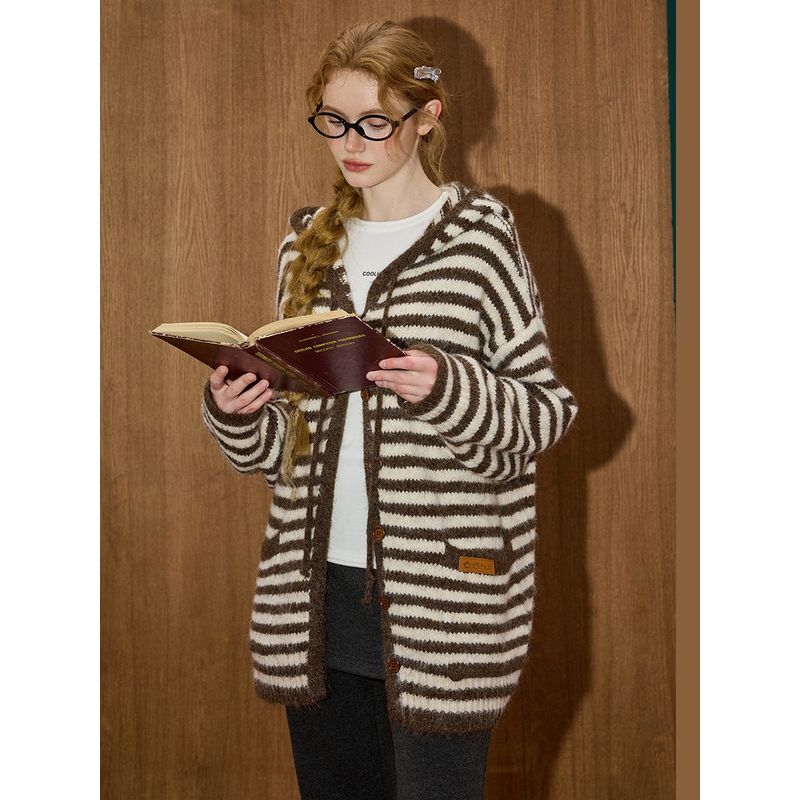 Coolhut Lazy Striped Mid-Length Cardigan Knitted Jacket Winter Warm New Women's Sweater