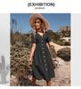Women's Summer Cotton Linen V-Neck Short Sleeves Buttoned Dress European American Style
