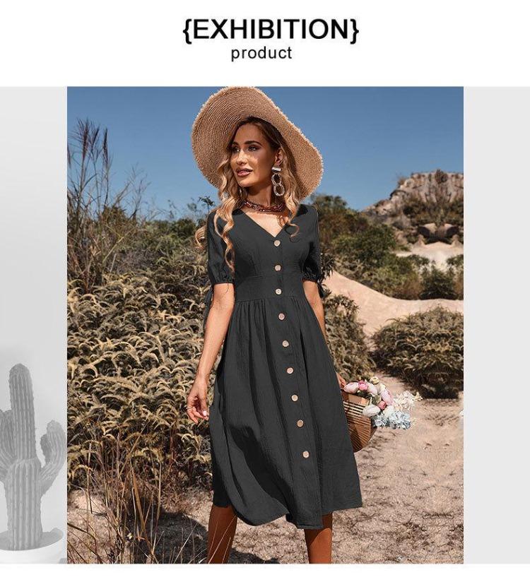 Women's Summer Cotton Linen V-Neck Short Sleeves Buttoned Dress European American Style