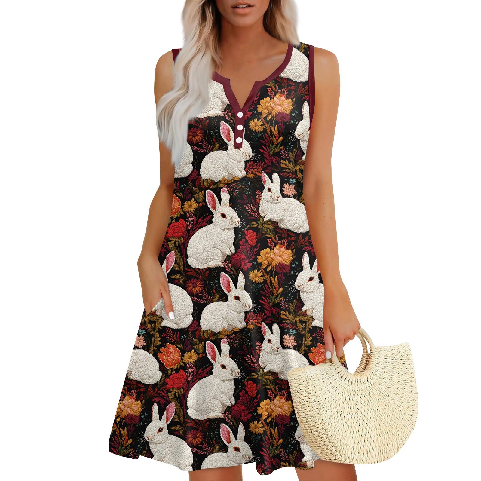 

Женское повседневное платье-жилет с V-образным вырезом и боковыми карманами на пуговицах и пасхальным принтом XL красный