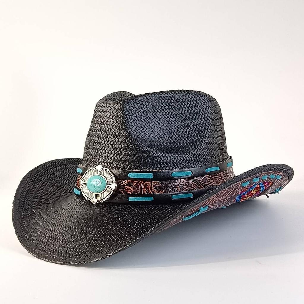 Sombrero de paja estilo western para hombre con hebilla decorativa turquesa sombrero de sol de ala ancha sombrero de vaquero de playa de verano para mujer