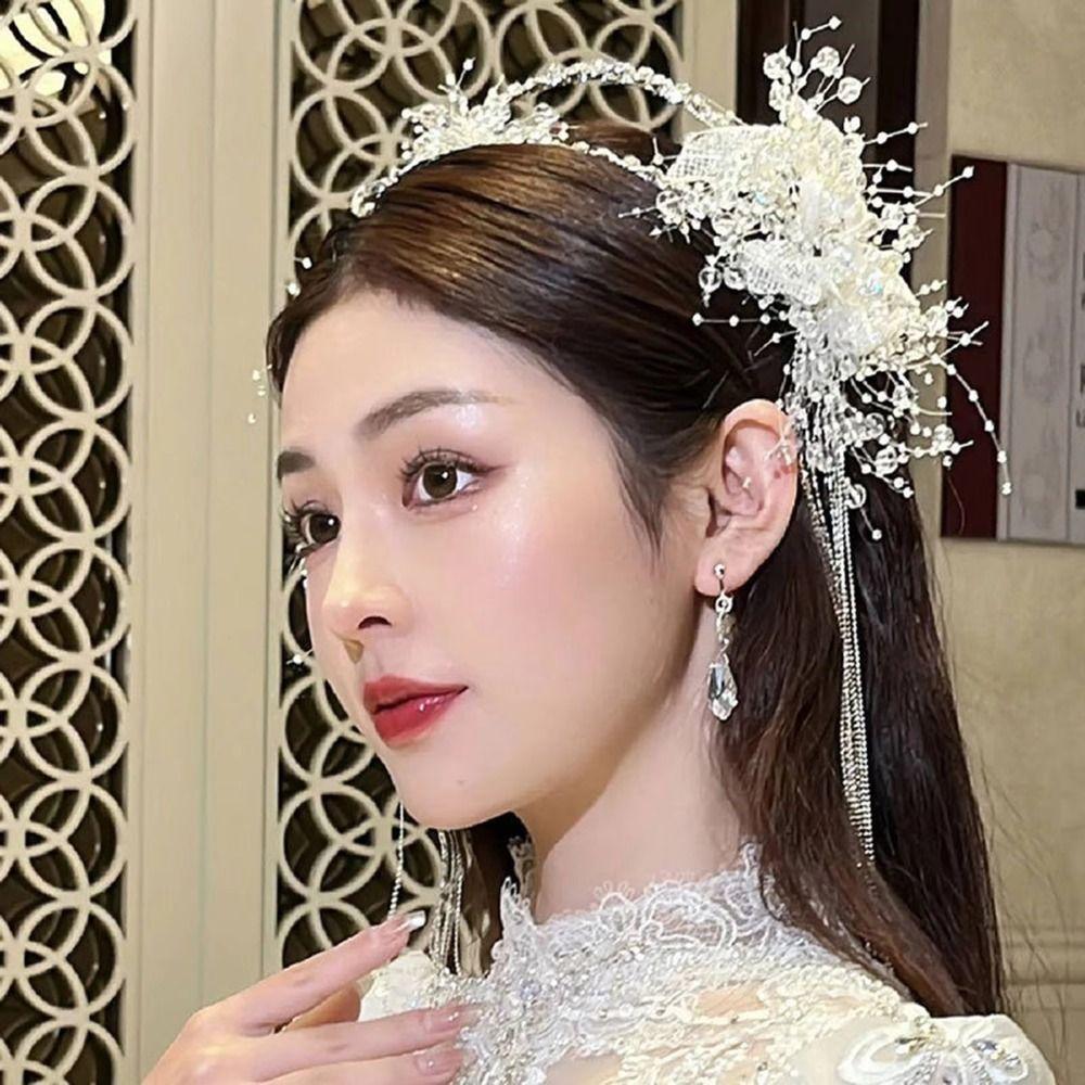 Shining Crystal Hair Hoop Flowers Fringed Bridal Headdress Fashion Head Chain  Wedding Jewelry Set