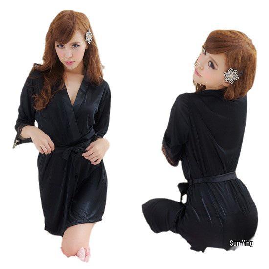 Curvy Women's Plus Size Lace Trim Open Front Bathrobe Lingerie - Sexy Sleepwear